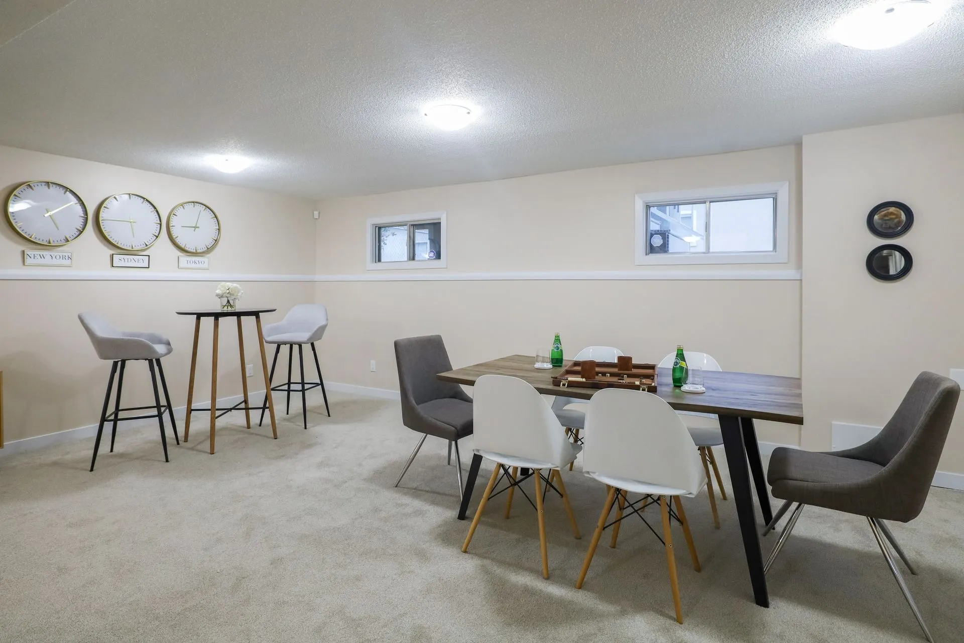Finished basement with dining and lounge area